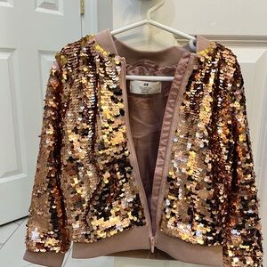 H&M Girls Sequin Bomber Jacket - Rose Gold size 4-5